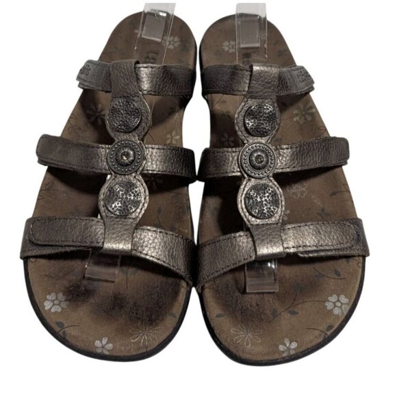 Taos Prize 3 Sandals Pewter Bronze Metallic Leather Triple Strap Women's Size 7 - Picture 2 of 7